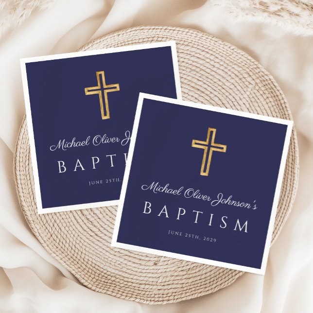 Elegant Navy Blue Religious Cross Boy Baptism Napkin (Elegant Navy Blue Religious Cross Boy Baptism Napkins)