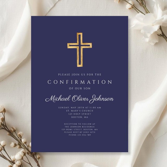 Elegant Navy Blue Religious Cross Boy Confirmation Invitation (Elegant Navy Blue Religious Cross Boy Confirmation Invitation)