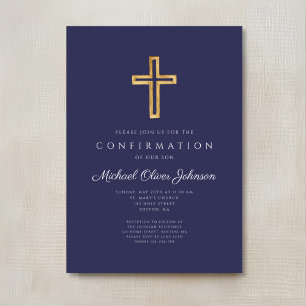 Elegant Navy Blue Religious Cross Boy Confirmation Invitation
