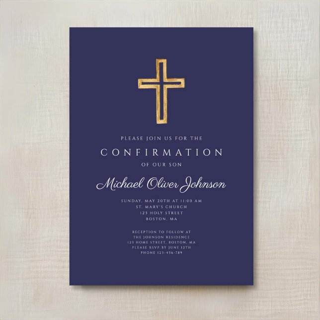 Elegant Navy Blue Religious Cross Boy Confirmation Invitation (Elegant Navy Blue Religious Cross Boy Confirmation Invitation)