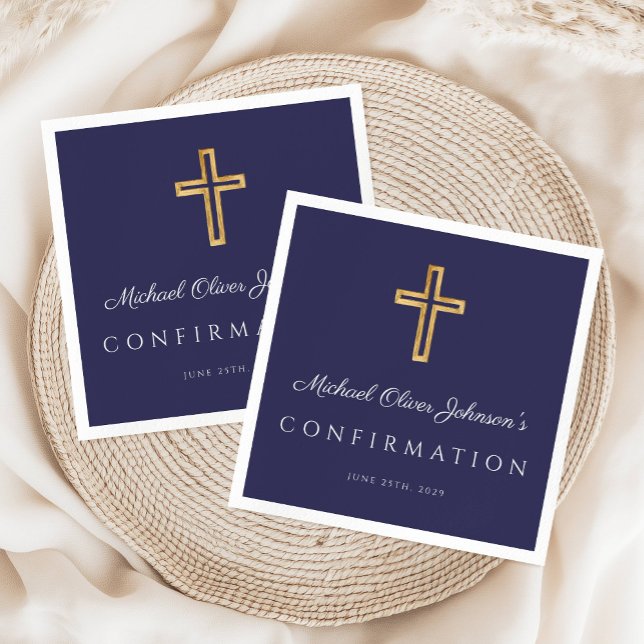 Elegant Navy Blue Religious Cross Boy Confirmation Napkin (Elegant Navy Blue Religious Cross Boy Confirmation Napkins)