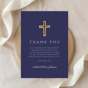 Elegant Navy Blue Religious Cross Confirmation Thank You Card