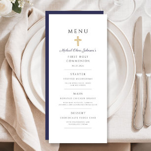Elegant Navy Blue Religious Cross First Communion Menu