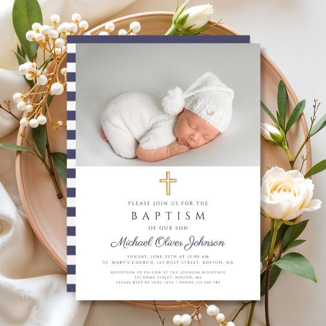 Elegant Navy Blue Religious Cross Photo Baptism Invitation (Elegant Navy Blue Religious Cross Photo Baptism Invitation)