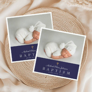Elegant Navy Blue Religious Cross Photo Baptism Napkin