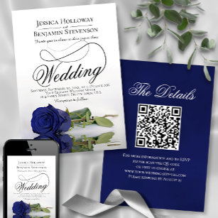 Elegant Navy Blue Rose Fancy QR Code Wedding Invitation