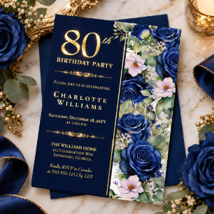 Elegant Navy Blue Rose Floral 80th Birthday