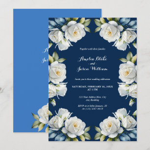 Elegant Navy Blue Rose Floral Border Wedding Invitation