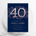 Elegant Navy Blue Rose Gold 40th Birthday Invitation<br><div class="desc">Elegant navy blue rose gold 40th birthday party invitation. Customisable modern feminine design featuring roses botanical accents and faux glitter rose gold. Simple floral invite card perfect for a stylish female bday celebration. Personalise with your own details. Printed Zazzle invitations or instant download digital printable template.</div>