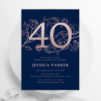 Elegant Navy Blue Rose Gold 40th Birthday