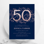 Elegant Navy Blue Rose Gold 50th Birthday Invitation<br><div class="desc">Elegant navy blue rose gold 50th birthday party invitation. Customisable modern feminine design featuring roses botanical accents and faux glitter rose gold. Simple floral invite card perfect for a stylish female bday celebration. Personalise with your own details. Printed Zazzle invitations or instant download digital printable template.</div>