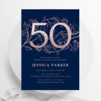 Elegant Navy Blue Rose Gold 50th Birthday