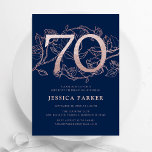 Elegant Navy Blue Rose Gold 70th Birthday Invitation<br><div class="desc">Elegant navy blue rose gold 70th birthday party invitation. Customisable modern feminine design featuring roses botanical accents and faux glitter rose gold. Simple floral invite card perfect for a stylish female bday celebration. Personalise with your own details. Printed Zazzle invitations or instant download digital printable template.</div>