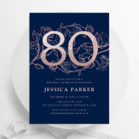 Elegant Navy Blue Rose Gold 80th Birthday