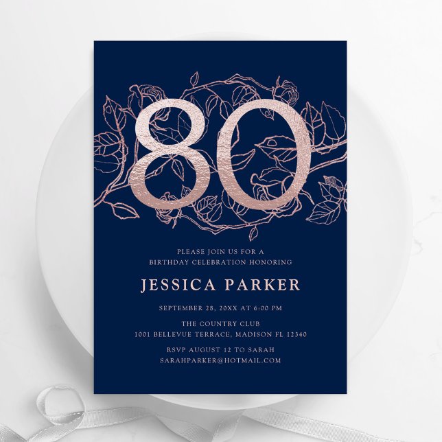 Elegant Navy Blue Rose Gold 80th Birthday Invitation (Creator Uploaded)