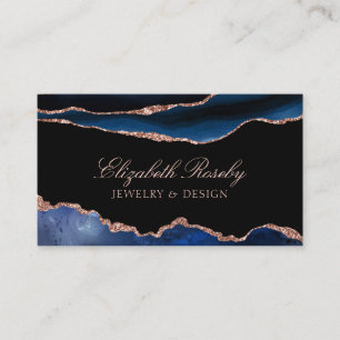Elegant Navy Blue Rose Gold Agate Geode Business Card