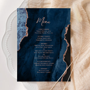 Elegant Navy Blue Rose Gold Agate Wedding Menu