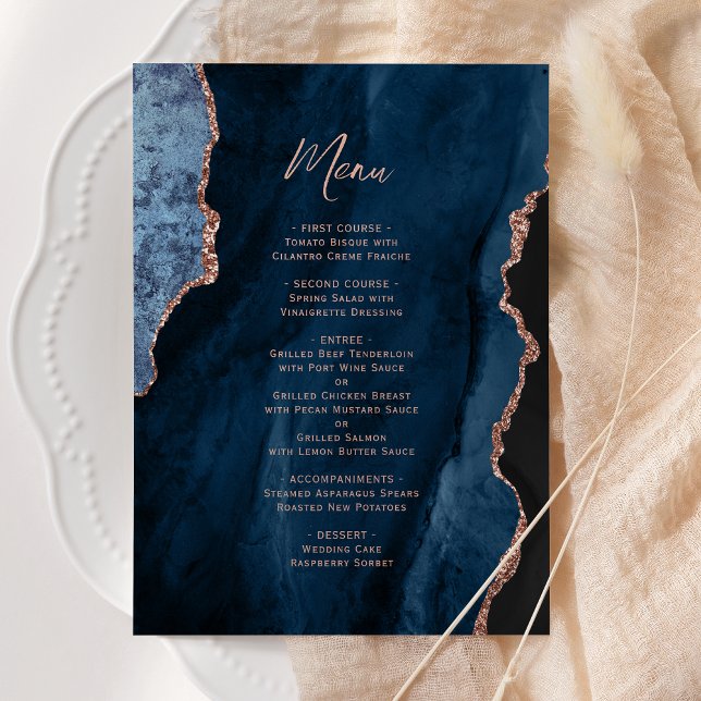 Elegant Navy Blue Rose Gold Agate Wedding Menu (Creator Uploaded)