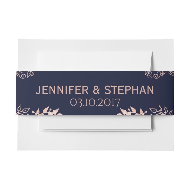 Elegant Navy Blue Rose Gold Floral Belly Band Invitation Belly Band (Front Example)