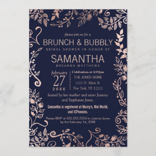 Elegant Navy Blue Rose Gold Floral Brunch Bubbly Invitation