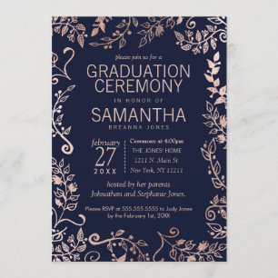 Elegant Navy Blue Rose Gold Floral Graduation Invitation