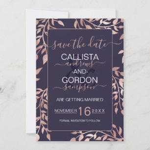 Elegant Navy Blue Rose Gold Floral Leaves Wedding Save The Date