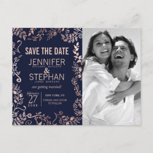 Elegant Navy Blue Rose Gold Floral Save the Dates Announcement Postcard