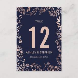 Elegant Navy Blue Rose Gold Floral Table Numbers