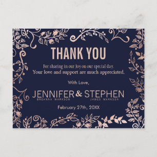Elegant Navy Blue Rose Gold Floral Thank Yous Postcard