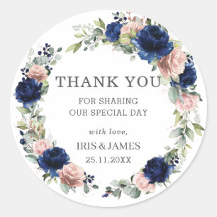 Elegant Navy Blue Rose Gold Floral Wedding Favor Classic Round Sticker