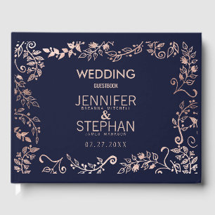 Elegant Navy Blue Rose Gold Floral Wedding Guest Book
