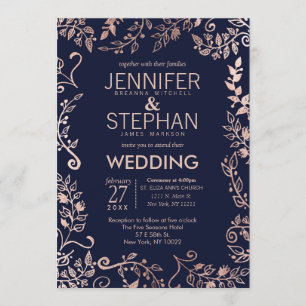 Elegant Navy Blue Rose Gold Floral Wedding Invites