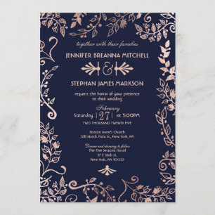 Elegant Navy Blue Rose Gold Floral Wedding Invites