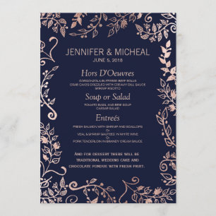 Elegant Navy Blue Rose Gold Floral Wedding Menu