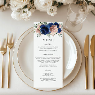Elegant Navy Blue Rose Gold Floral Wedding Menu
