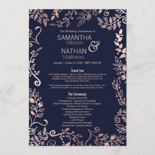 Elegant Navy Blue Rose Gold Floral Wedding Program Programme