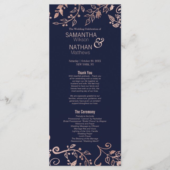 Elegant Navy Blue Rose Gold Floral Wedding Program Programme (Front)