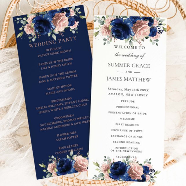 Elegant Navy Blue Rose Gold Floral Wedding Programme (Creator Uploaded)
