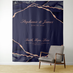 Elegant Navy Blue Rose Gold Foil Agate Wedding Tapestry