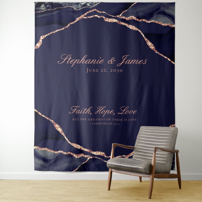 Elegant Navy Blue Rose Gold Foil Agate Wedding Tapestry (In Situ)