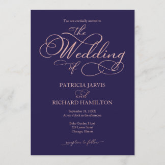 Elegant Navy Blue Rose Gold Foil Script Wedding Invitation