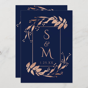 Elegant Navy Blue Rose Gold Foliage Wedding Invitation