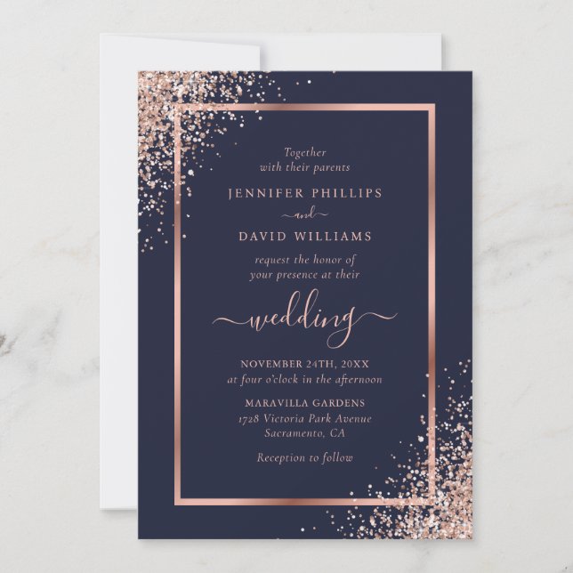 Elegant Navy Blue Rose Gold Glitter Frame Wedding Invitation (Front)
