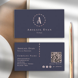 Elegant Navy Blue Rose Gold Glitter Monogram Business Card