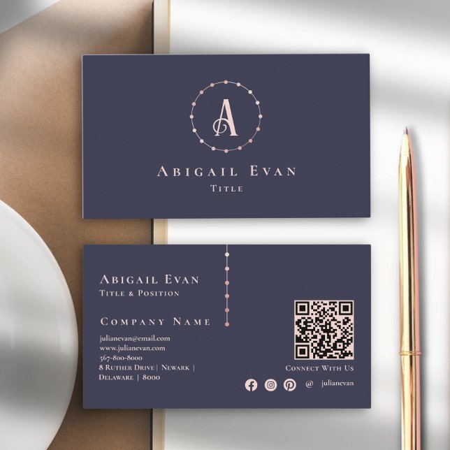 Elegant Navy Blue Rose Gold Glitter Monogram Business Card (Creator Uploaded)
