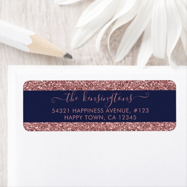 Elegant Navy Blue Rose Gold Glitter Sparkle Label (Insitu)