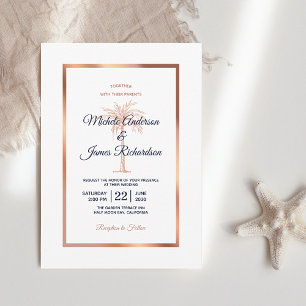 Elegant Navy Blue Rose Gold Palm Tree Wedding Invitation