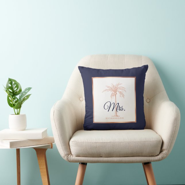 Elegant Navy Blue Rose Gold Palm Tree Wedding Mrs. Cushion (Chair)