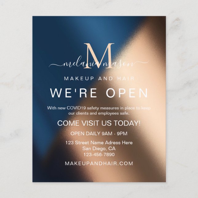 Elegant Navy Blue Rose Gold We're Open Salon Flyer (Front)