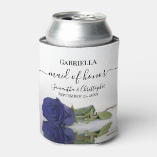 Elegant Navy Blue Rose Maid of Honor Wedding Can Cooler